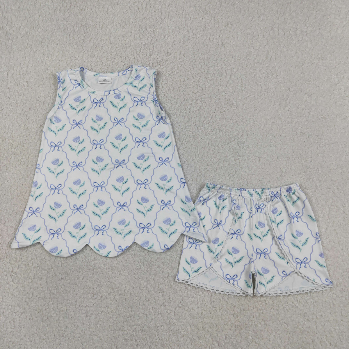 Baby Girls Blue Flowers Bows Scallop Tunic Shorts Sets: 3T