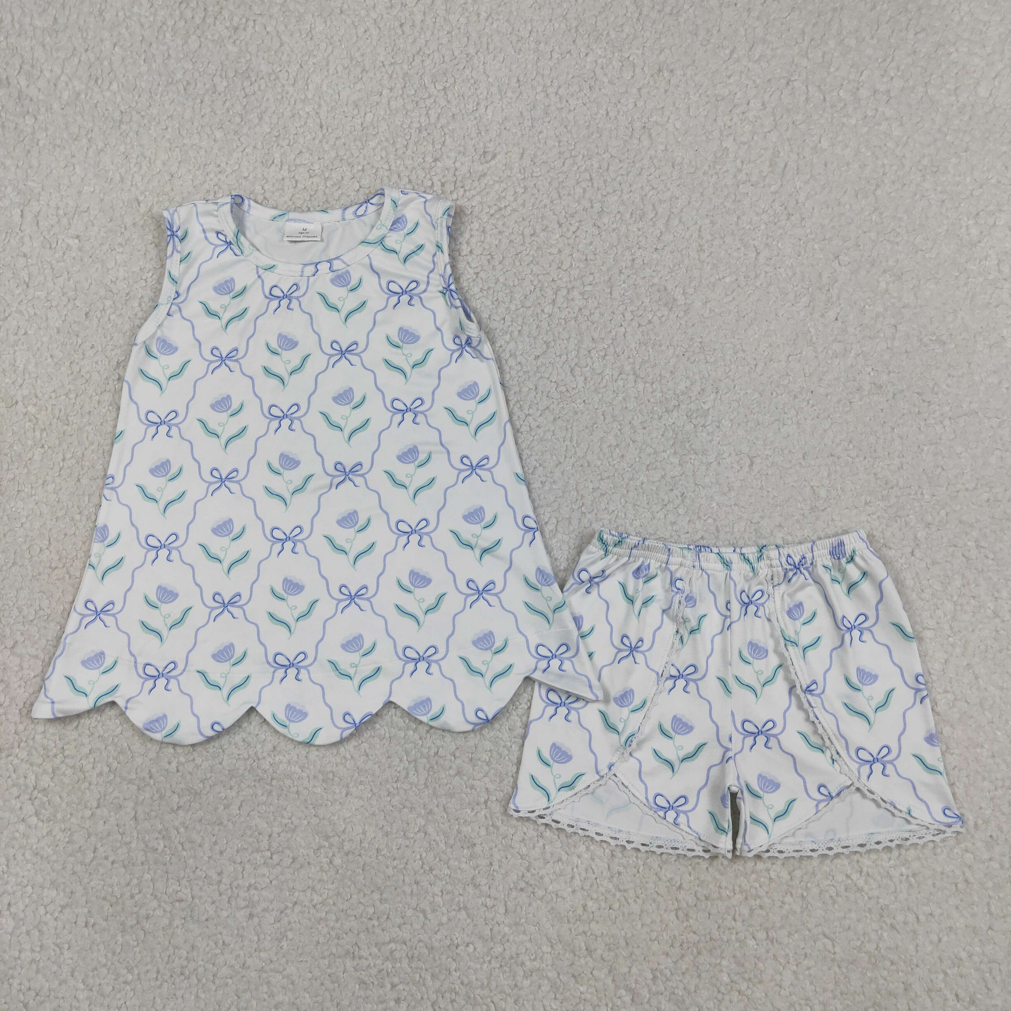 Baby Girls Blue Flowers Bows Scallop Tunic Shorts Sets: 4T