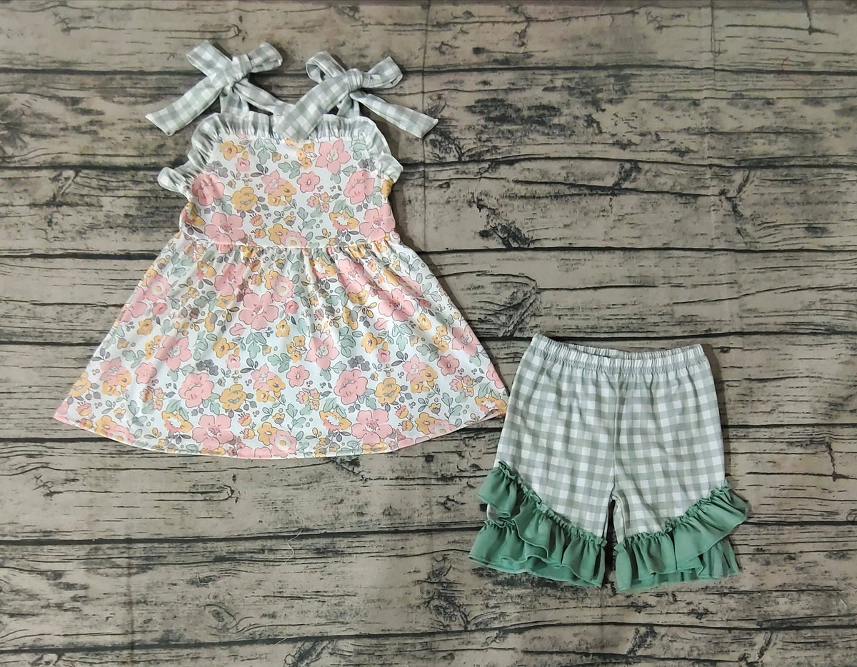 Baby Girls Spring Green Pink Flowers Tunic Ruffle Shorts Out: 4T