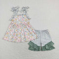 Baby Girls Spring Green Pink Flowers Tunic Ruffle Shorts Out: 4T