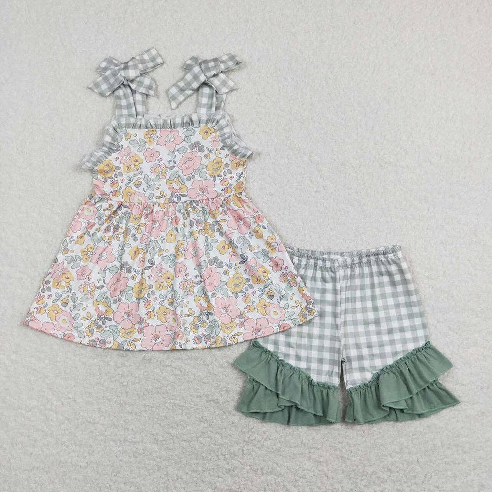 Baby Girls Spring Green Pink Flowers Tunic Ruffle Shorts Out: 4T