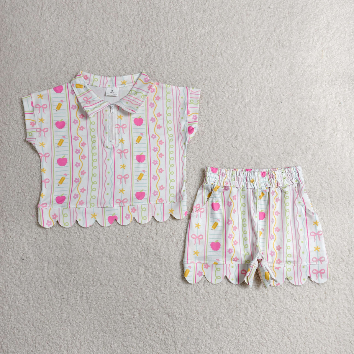 Baby Girls Back To School Bows Zip Scallop Shirt Shorts Sets: 4T