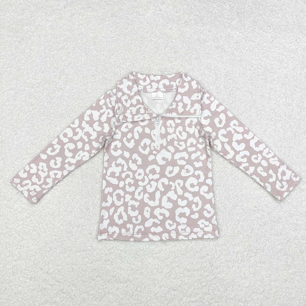 Baby Girls Kids Boutique Long Sleeve Zip Pullovers Tops: White Leopard / 3T