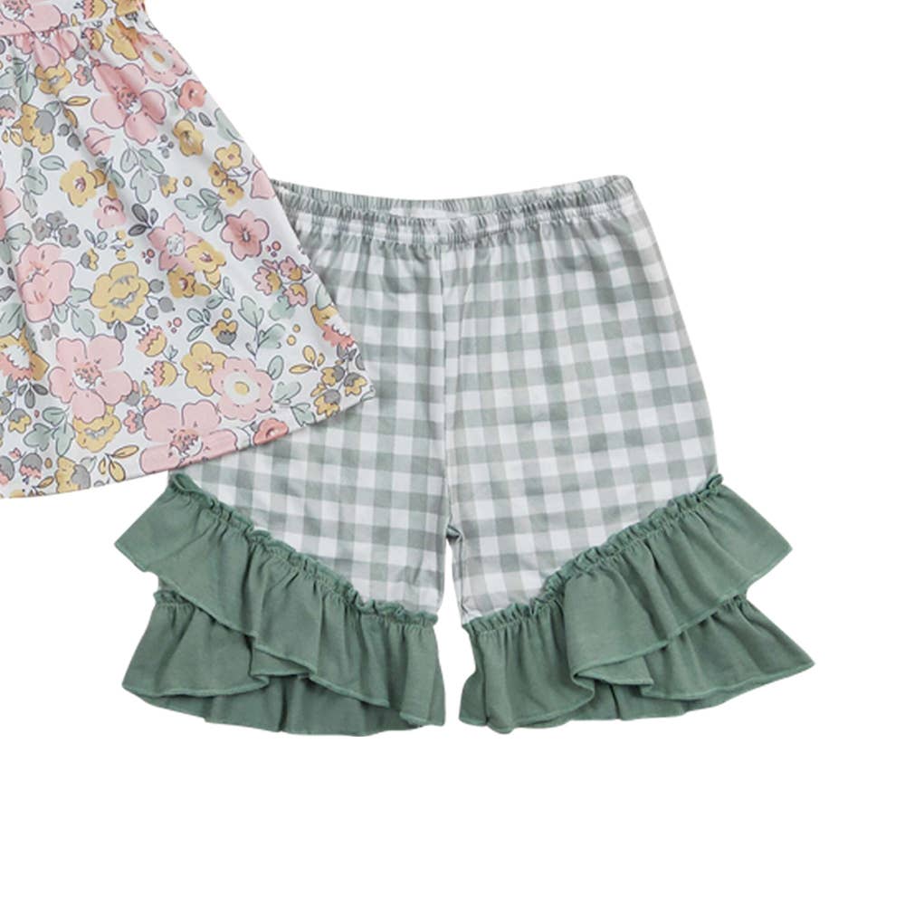 Baby Girls Spring Green Pink Flowers Tunic Ruffle Shorts Out: 4T