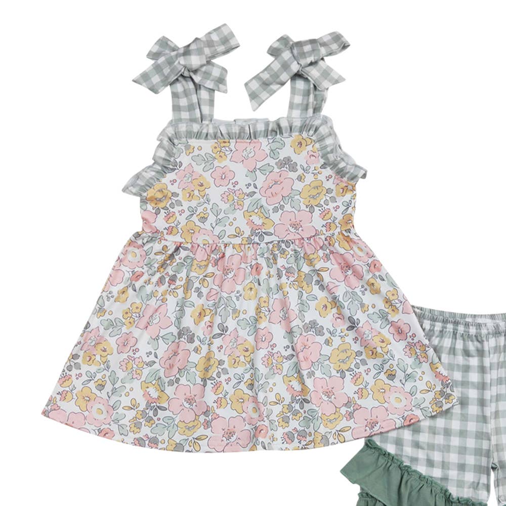 Baby Girls Spring Green Pink Flowers Tunic Ruffle Shorts Out: 4T
