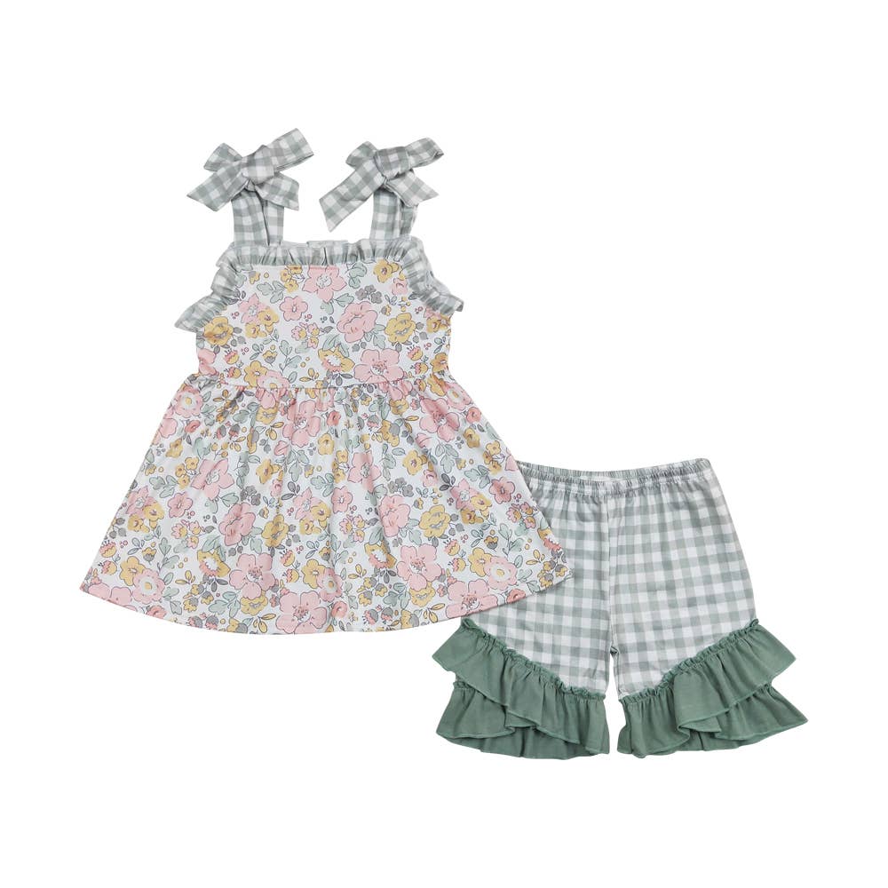 Baby Girls Spring Green Pink Flowers Tunic Ruffle Shorts Out: 4T